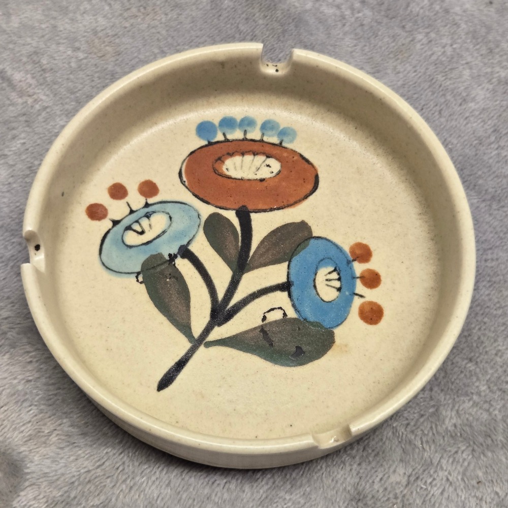 Vintage Nevco Stoneware Ashtray Folk Art Floral Ceramic Made in Korea MCM 5.25"
